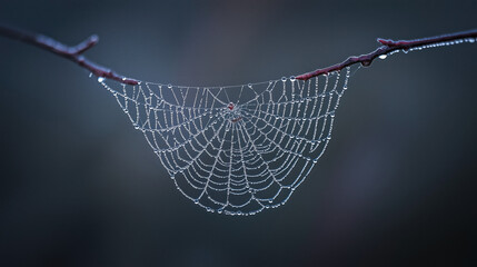 Beautiful raindrops on spider's web trapped on a branch. drops of dew on spider web and tree branches with natural sun light shining through