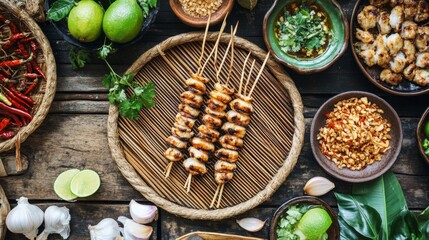 Wall Mural - A rustic setting with grilled prawns on a wooden skewer resting on a bamboo mat, with ingredients like lime, garlic, and chilies nearby.