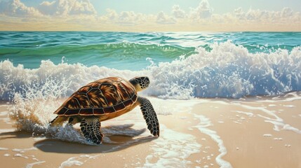 Poster - A sea turtle emerging from the ocean and making its way onto a sandy beach, with a backdrop of gentle waves and a clear, sunny sky.