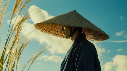 Farmer in Traditional Straw Hat at Paddy Field