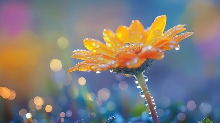 Poster - A single sunflower with dew drops on its bright yellow petals, captured in the morning light, with the droplets adding a fresh and lively touch.