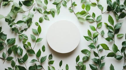 Poster - White circle mockup surrounded by green leaves on white background.