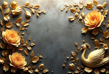 Poster - An HD 3D printable wallpaper design featuring elegant golden flowers and graceful swans set against an abstract textured background with realistic details and colors creating a luxurious interior look