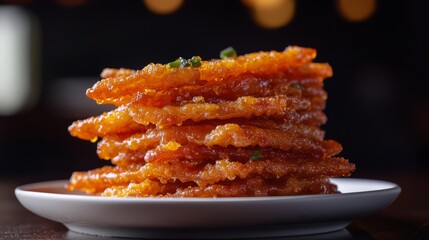 Poster - A stack of crispy bacon strips resting on a white plate, with glistening fat and a smoky, golden-brown texture.