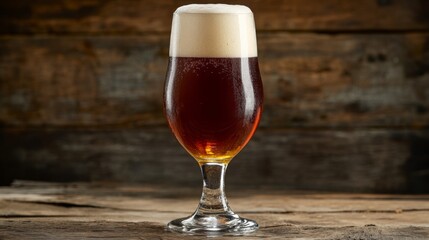 Aufkleber - A tall glass of craft beer with a rich amber hue, sitting on a rustic wooden table, illuminated by soft, warm light that enhances the beers glow.