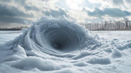 Poster - A swirling snow formation resembling a vortex in a snowy field under a dramatic sky.
