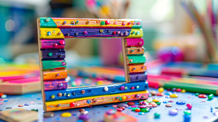 A vibrant and colorful DIY photo frame made with popsicle sticks, decorated with beads and sequins, placed on a bright craft table with other crafting materials in the background.