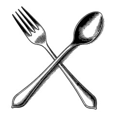 Wall Mural - crossed fork and spoon utensil flatlay black and white outline line art drawing
