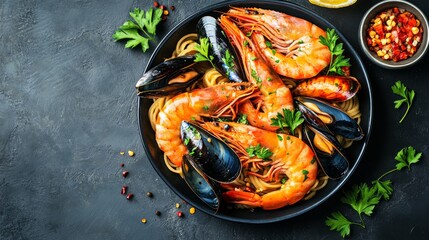 Wall Mural - A top-down view of a fresh seafood pasta dish, featuring shrimp and mussels in a rich sauce, garnished with parsley and served in a large bowl.