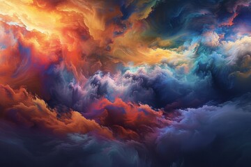 Poster - Vivid turbulent clouds of color swirl in an ethereal dance during twilight, creating a dramatic and enchanting sky