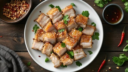 Poster - A top-down view of crispy pork belly on a white plate, garnished with coriander and chili peppers, ready to be enjoyed with a small bowl of fish sauce on the side.