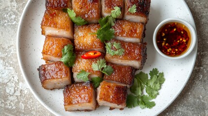 Poster - A top-down view of crispy pork belly on a white plate, garnished with coriander and chili peppers, ready to be enjoyed with a small bowl of fish sauce on the side.