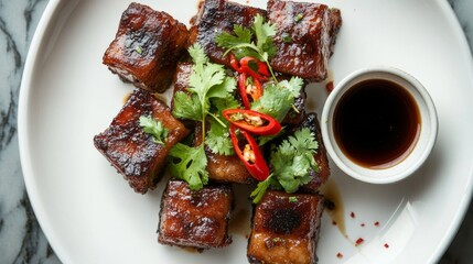 Poster - A top-down view of crispy pork belly on a white plate, garnished with coriander and chili peppers, ready to be enjoyed with a small bowl of fish sauce on the side.