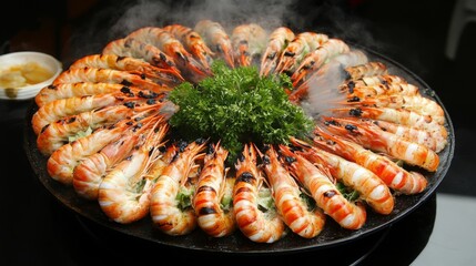 Poster - A top-down view of large grilled prawns arranged in a circle on a platter, with steam rising and a golden-brown char on the prawns shells.