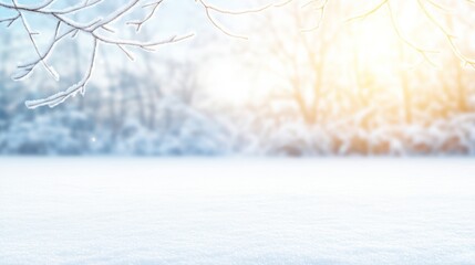 Poster - Gentle snow-covered branches sway in a winter breeze, while warm sunlight casts a soft glow through the tranquil forest, creating a peaceful atmosphere