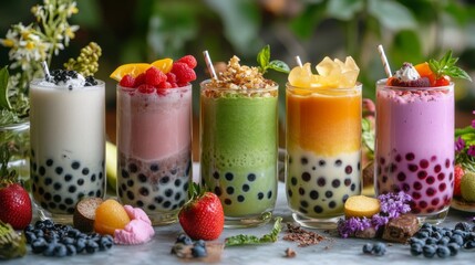 Poster - A variety of bubble tea flavors, including classic milk tea, matcha, and fruit-based teas, with colorful pearls and toppings in glass cups, beautifully arranged on a table.