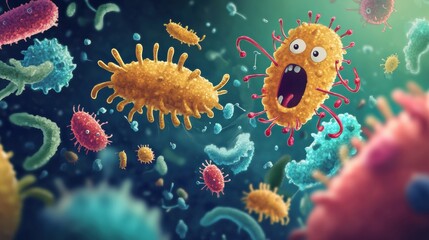 Leinwandbilder - Cartoon style bacteria engaging in playful battle with antibodies in a vibrant, animated environment. Generative AI
