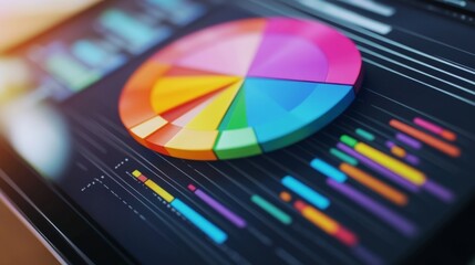 Poster - A vibrant D pie chart popping out of a tablet screen, showcasing interactive data analysis with colorful segments and percentages.