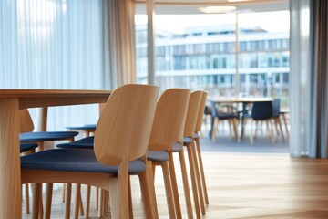 Poster - Chairs are arranged neatly around a modern wooden table in a minimalist room, enhanced by natural light creating an inviting atmosphere perfect for gatherings