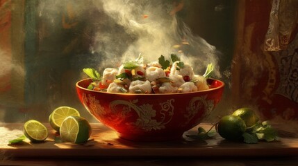 Wall Mural - A vibrant bowl of tom yum goong with steam rising, surrounded by fresh lime and herbs on a wooden board, capturing the essence of a flavorful Thai meal.