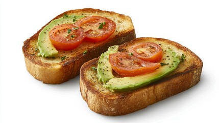 Poster - A vibrant breakfast scene featuring slices of toasted bread topped with ripe avocado, cherry tomatoes, and sprinkled with salt and pepper for a fresh look.