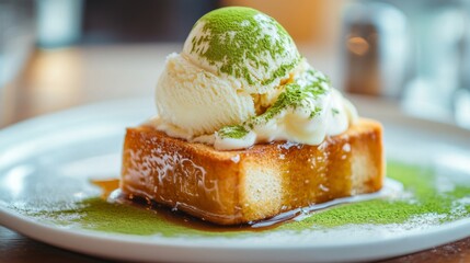 Poster - A vibrant display of honey toast topped with a scoop of matcha ice cream, drizzled with honey and sprinkled with green tea powder for a unique twist.