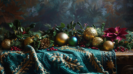 Wall Mural - A vibrant holiday scene with a knitted table runner in jewel tones of deep emerald, sapphire blue, and rich burgundy, accented by golden ornaments and greenery.