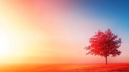 Poster - A single vibrant autumn tree stands alone in a golden meadow, its fiery red and orange leaves contrasting beautifully against a crisp blue sky