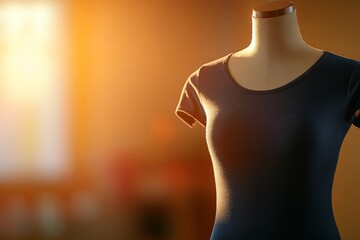 Fototapete - A sleek mannequin presents an elegant black gown in a minimalist showroom, featuring soft, even lighting and clear space for text overlays on the left side