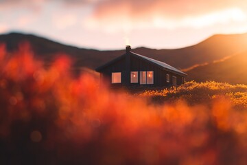Poster - A charming small house with a chimney enjoys warm sunlight, framed by colorful red and yellow leaves on a hillside during a serene autumn evening