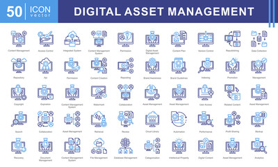 Poster - Digital Asset Management icon collection set. Containing repository, cloud file ,database ,indexing, version control, cms, content icon. Simple vectors illustration.