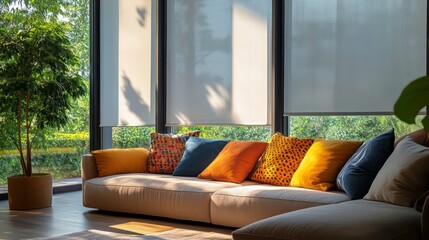 Poster - Sunlit living room with beige sofa, colorful pillows, and large windows offering garden view.