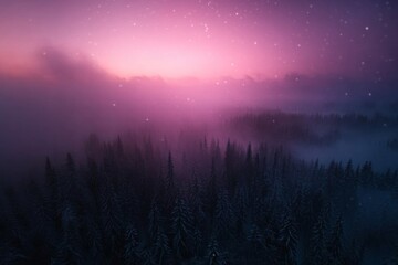 Aufkleber - A snowy forest transforms at dusk as pink and purple hues illuminate the sky, enveloping the landscape in tranquility and casting a serene glow over the trees