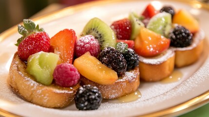 Poster - A whimsical presentation of mini honey toast bites served on a plate, topped with colorful fruit and a dusting of powdered sugar for a fun dessert option.
