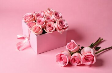 Wall Mural - Bouquet of pink roses and pink gift box on a pink background. International Women's Day concept.