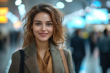 Portrait of a Smiling Young Woman in a Busy Urban Environment with Soft Focus Background