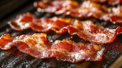 Poster - Bacon cooking on a grill, with detailed focus on the charred edges and marbled fat turning crispy under the heat.
