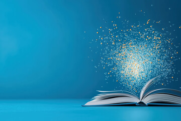 Poster - Open book with sparkling magic effect on bright blue background