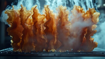 Poster - Bacon strips cooling on a wire rack after frying, with steam rising and the marbled fat glistening under the light.
