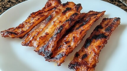 Poster - Bacon strips resting on a white plate after frying, with crispy, golden-brown edges and the fat glistening under the light.