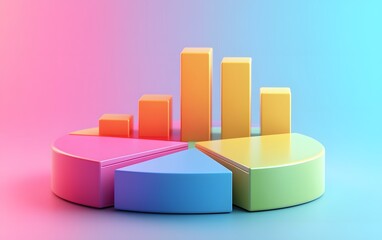 Poster - A vibrant 3D graphic representation of data analysis featuring colorful charts and graphs, perfect for illustrating business growth, performance metrics, and statistical insights.