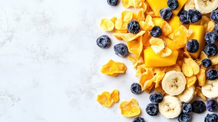 Poster - Close-up of dried mango, banana, blueberries, and cornflakes on a light surface.