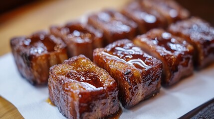 Poster - Crispy bacon arranged on a white napkin to absorb excess grease, with a detailed focus on the marbled fat and golden edges.