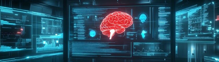 Poster - Futuristic digital interface showcasing a glowing brain illustration with data analytics and holographic displays, representing advanced neuroscience and artificial intelligence co