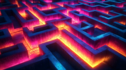 Poster - Vibrant maze with glowing walls, showcasing intricate patterns and brilliant colors.