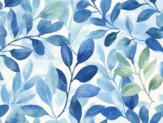 Wall Mural - Watercolor Painting of Blue and Green Leaves