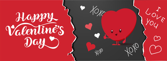 Horizontal banner with the inscription Valentine's Day with torn paper. Background for advertising, website, poster on February 14. Vector graphics