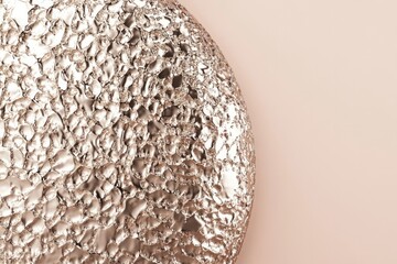Poster - close-up 3d view of round perfume bottle with metallic textures displayed on solid color background
