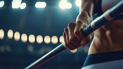 Poster - close-up of athlete hands gripping javelin with softly blurred stadium lights adding focus
