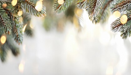 Poster - festive fir tree branch with warm glowing bokeh lights on soft blurred background, holiday decor, minimal christmas composition